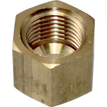 A close-up of the Ascaso I..138 Bicone Nut 6mm reveals its six-sided brass design and internal threading, ideal for Ascaso machine fittings. © 2025 1st-line.com