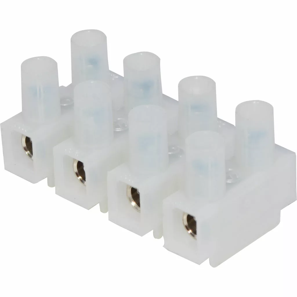 A close-up of the Ascaso I..183 4 Way Socket / Connector, a white plastic terminal block with four wire connectors, each with a metal insert and cylindrical openings for wire insertion. © 2025 1st-line.com