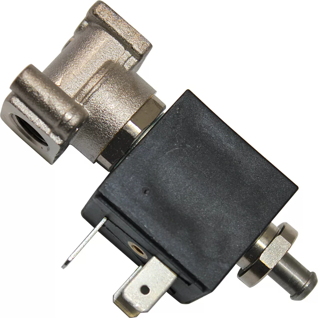 A close-up of the Ascaso I..273 110V Solenoid Valve with Coil, featuring a black rectangular coil and electrical terminals, designed to control liquid or gas flow in a system. © 2025 1st-line.com