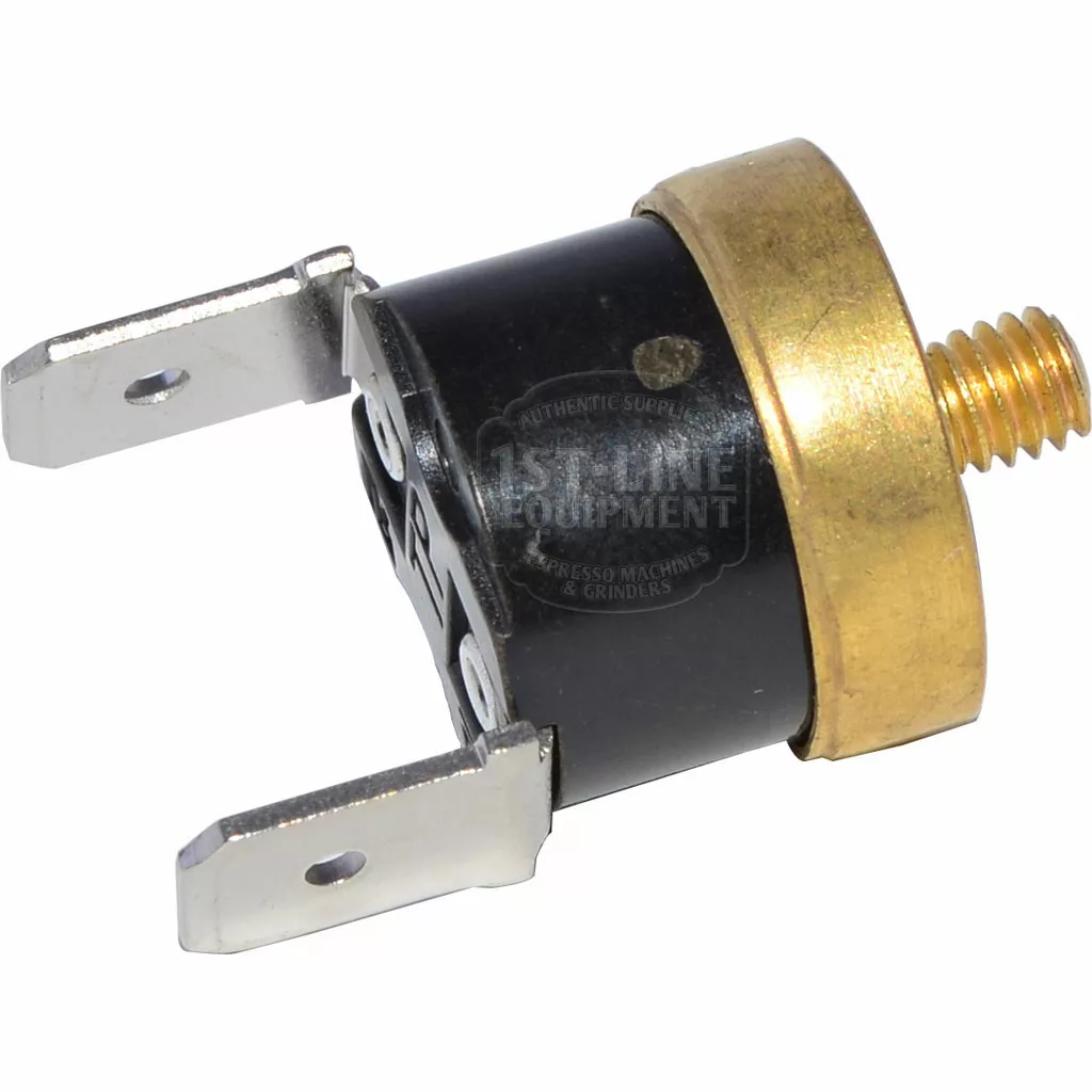 A close-up of the Ascaso I..339 98 Degrees C Thermostat, a small round component with two metal terminals, a black body, and a gold-colored threaded cap, typically used in thermostat applications. © 2025 1st-line.com