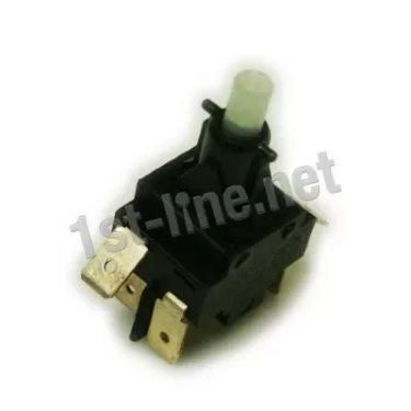 A close-up of the Ascaso I..474 Commuted Bipolar Switch for Ascaso Home Machines, featuring a black body, white push button, and three metal prongs. The image is watermarked diagonally with 1st-line.net. © 2025 1st-line.com