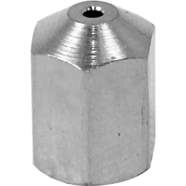 A close-up of the Ascaso I..816 Hex Shaped Fitting for Steam Wand, a metal nozzle with a small central hole and hexagonal design, commonly used in 3D printers, Ascaso machines, or steam wand applications. © 2025 1st-line.com