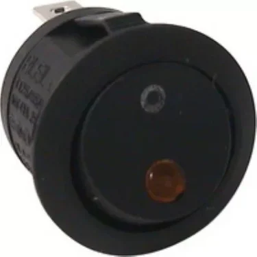 A close-up of the Ascaso MI..27 round black rocker power switch with a red indicator light and metal prongs, designed for Arc, Elipse, I-1, I-1D, 1-2, I-2D, I-Mini, and I-Steel models. © 2025 1st-line.com