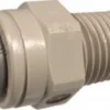 A close-up of the Ascaso V.1367 1/4 NPT x 8mm fitting, featuring a gray plastic body with a threaded male end and a smooth connector with a rubber gasket, designed for joining plumbing or piping systems. © 2025 1st-line.com