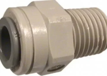 A close-up of the Ascaso V.1367 1/4 NPT x 8mm fitting, featuring a gray plastic body with a threaded male end and a smooth connector with a rubber gasket, designed for joining plumbing or piping systems. © 2025 1st-line.com