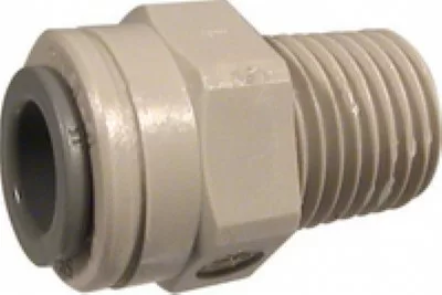 A close-up of the Ascaso V.1367 1/4 NPT x 8mm fitting, featuring a gray plastic body with a threaded male end and a smooth connector with a rubber gasket, designed for joining plumbing or piping systems. © 2025 1st-line.com