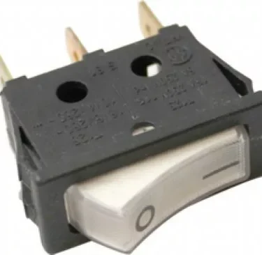 A close-up of the Ascaso V.1481 3 Faston White Switch, showing a black rectangular rocker with a white power symbol button and three Faston prongs on the back for connections. © 2025 1st-line.com