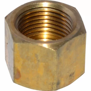 A close-up of the Bezzera 5221813 Boiler Cap Nut - M12x1 OT, a brass hexagonal nut with internal threading, shown on a white background—perfect for Bezzera espresso machine boilers. © 2025 1st-line.com