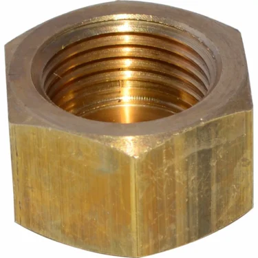 A close-up of the Bezzera 5221819 Cap Nut - M 3/8, featuring internal threads and a brass hexagonal design, shown against a white background. © 2025 1st-line.com