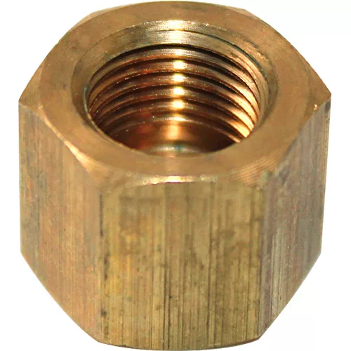 A close-up of the Bezzera 5221835 Boiler Cap Nut (M 1/8 G ES.14 H12 OT) shows its gold-toned, six-sided metallic design with precise internal threading. © 2025 1st-line.com