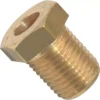 A close-up of the Bezzera 5225205 Level Probe Fitting - M 10 OT, a brass hexagonal threaded plug with a central hole, commonly used in plumbing and mechanical applications. © 2025 1st-line.com