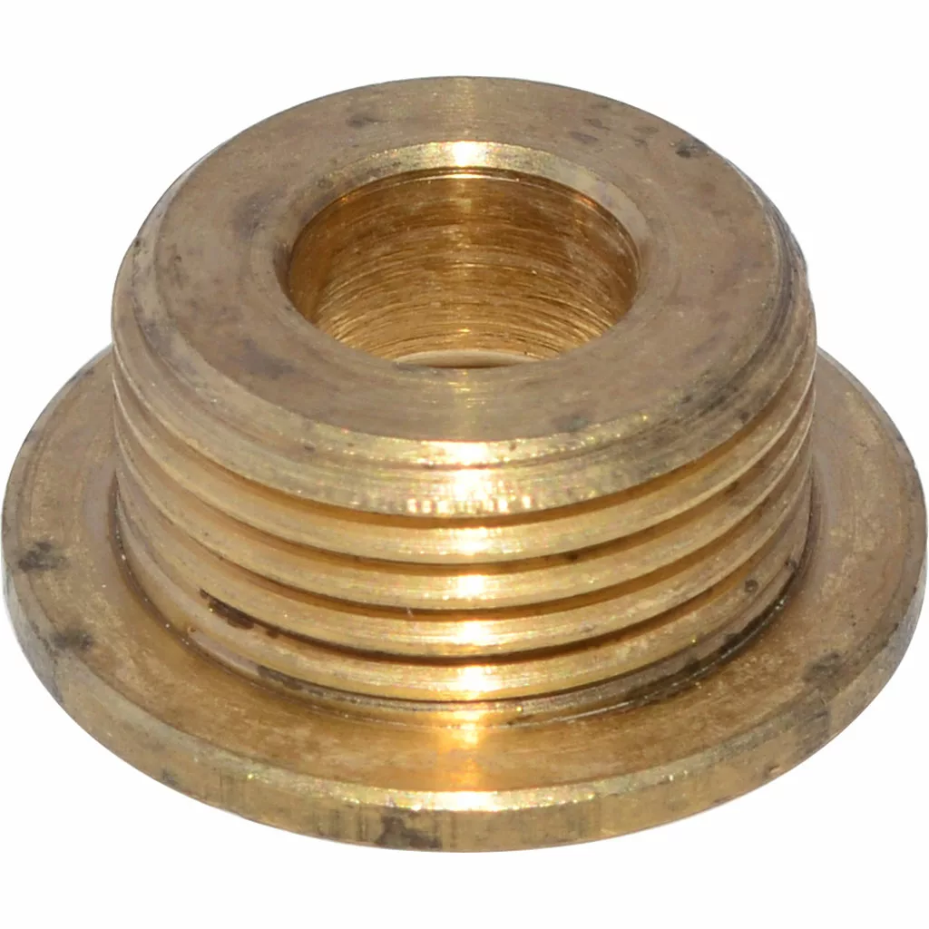 A close-up of the Bezzera 5225230 Drip Tray Fitting - 3/8 G showcases its wide flange, central hole, metallic finish, and circular grooves. © 2025 1st-line.com