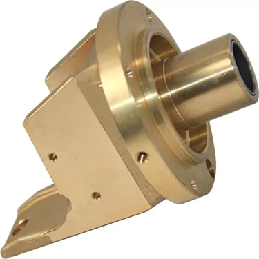 A close-up of the Bezzera 5287507 Bearing Slide Head (Gear Head), a metallic, cylindrical part with a flange and mounting bracket, made of gold-colored metal—possibly brass—shown against a white background. © 2025 1st-line.com