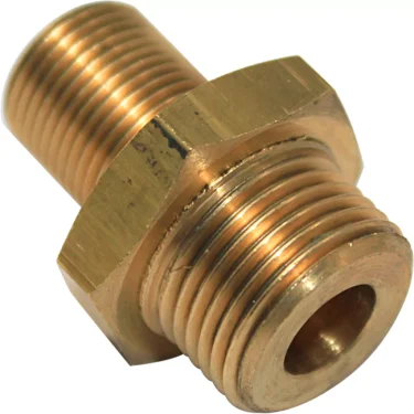 A close-up of the Bezzera 5302005AL Straight Fitting 3/8G x M13, showcasing external threads on both ends and a hexagonal middle section for easy wrench tightening. © 2025 1st-line.com