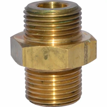 A close-up of the Bezzera 5302011 3/8G straight fitting, featuring two threaded ends and a hexagonal center for wrench tightening, designed for use at the end of the boiler in B2000 AL models. © 2025 1st-line.com