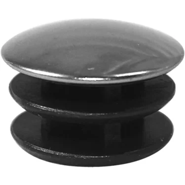 A close-up of the Bezzera 5373915CM Portafilter End Cap, a round black plastic cap with a shiny domed top and two ridged rings, designed to cover open ends of tubes or Bezzera portafilters. © 2025 1st-line.com