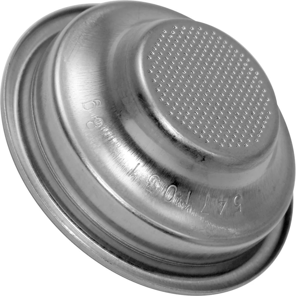 A close-up of the Bezzera 5471031.01 1-Cup 58mm Filter Basket with run channel, featuring a perforated metal surface for espresso machines, is shown against a white background. © 2025 1st-line.com