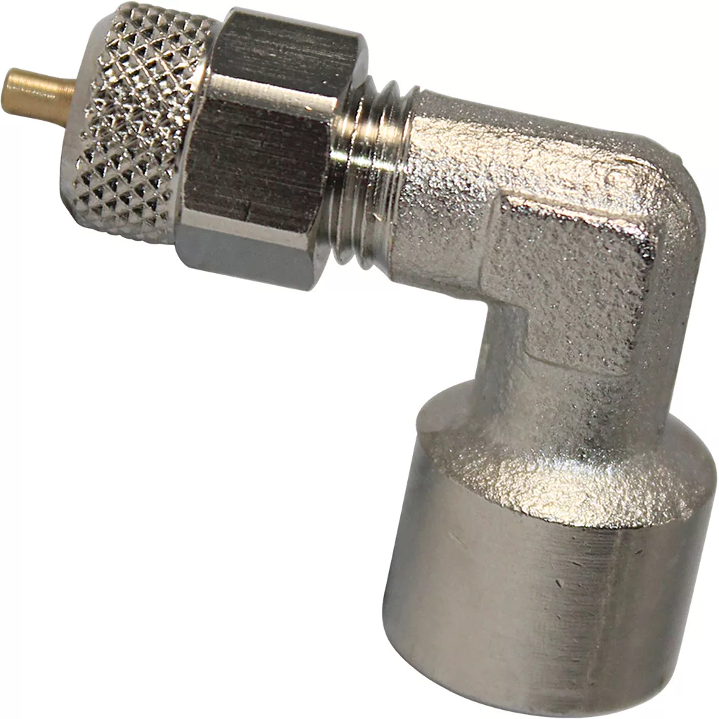 A close-up of the Bezzera 7303034 Union Elbow, a metallic 90-degree adapter with a knurled cap and threaded connector, typically used to join tubes or hoses in Bezzera plumbing or pneumatic systems. © 2025 1st-line.com