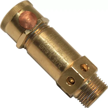 A close-up of the Bezzera 7452515 Safety Valve, featuring threaded ends and a copper washer, designed for regulating pressure in plumbing or mechanical systems. © 2025 1st-line.com