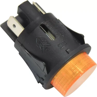 A close-up of the Bezzera 7633303 Switch for Coffee - BZ02, black with an orange indicator light and metal wiring prongs, photographed against a white background. © 2025 1st-line.com