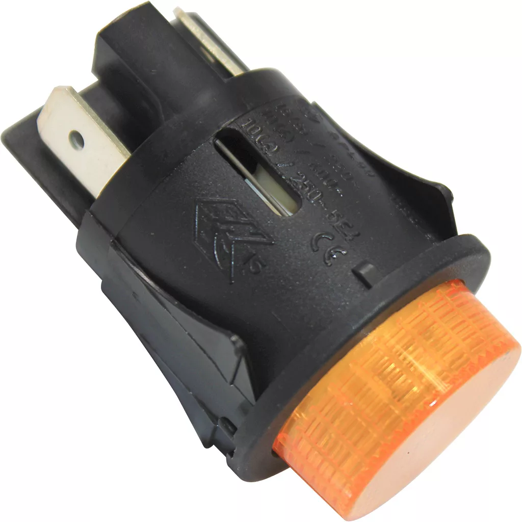 A close-up of the Bezzera 7633303 Switch for Coffee - BZ02, black with an orange indicator light and metal wiring prongs, photographed against a white background. © 2025 1st-line.com