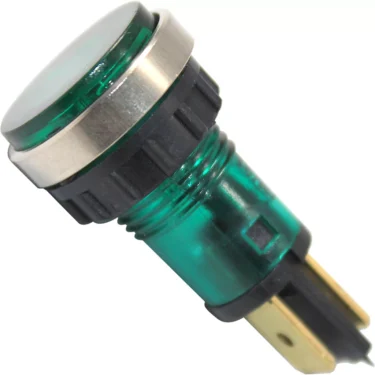 A close-up of the Bezzera 7633622 Green Lamp (110V/240V) shows its metallic rim, transparent green body, and gold electrical connectors at the base. © 2025 1st-line.com