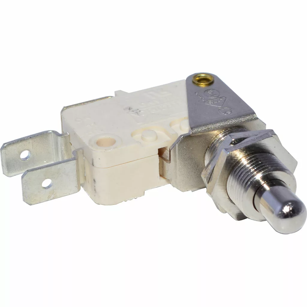A close-up of the Bezzera 7633906 Microswitch, rated for 250V, featuring two flat connectors and threaded mounting—suitable for Magica or Mitica machines. © 2025 1st-line.com