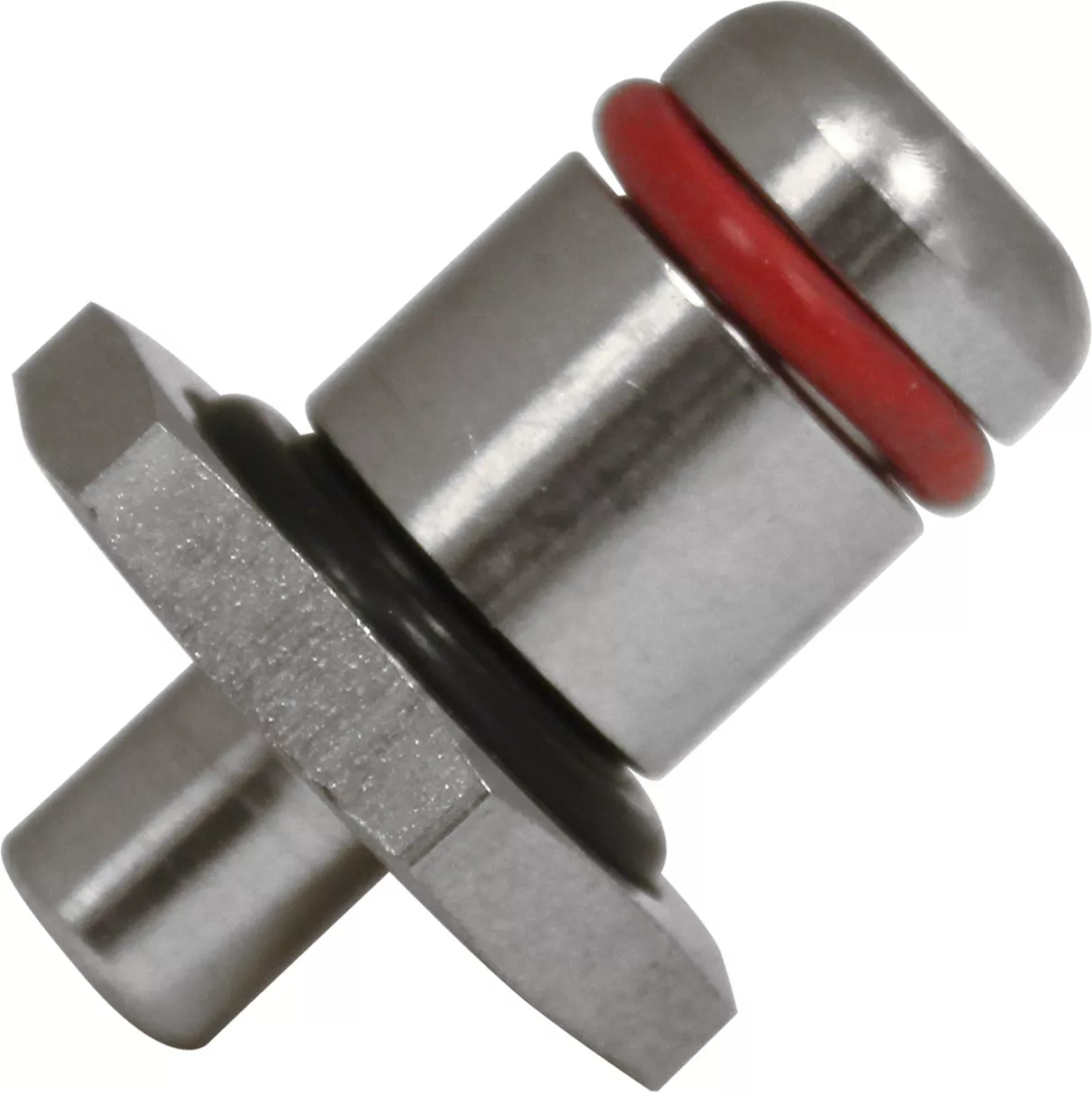 A close-up of the DISCONTINUED ECM P6020.NK Water Tank/Reservoir Adapter Assembly shows a stainless steel quick-connect fitting with a round top, black and red O-rings, and a hexagonal flange near the base. © 2025 1st-line.com