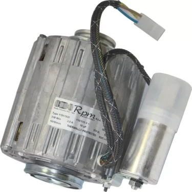 A close-up of the Elektra 00093035 110V Motor features a cylindrical metal body, attached wiring, a white label with specifications, and a side-mounted capacitor in a cylindrical casing. © 2025 1st-line.com