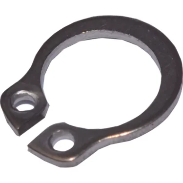 A close-up of the Elektra 00183035 Upper Pin C-Clip ø 8—a metal snap ring with two holes at its open ends, commonly used to secure parts on a shaft or inside a bore. © 2025 1st-line.com