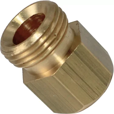A close-up of the Elektra 00751014 Nut, a hexagonal brass threaded fitting used for plumbing or gas connections, displayed on a white background. © 2025 1st-line.com