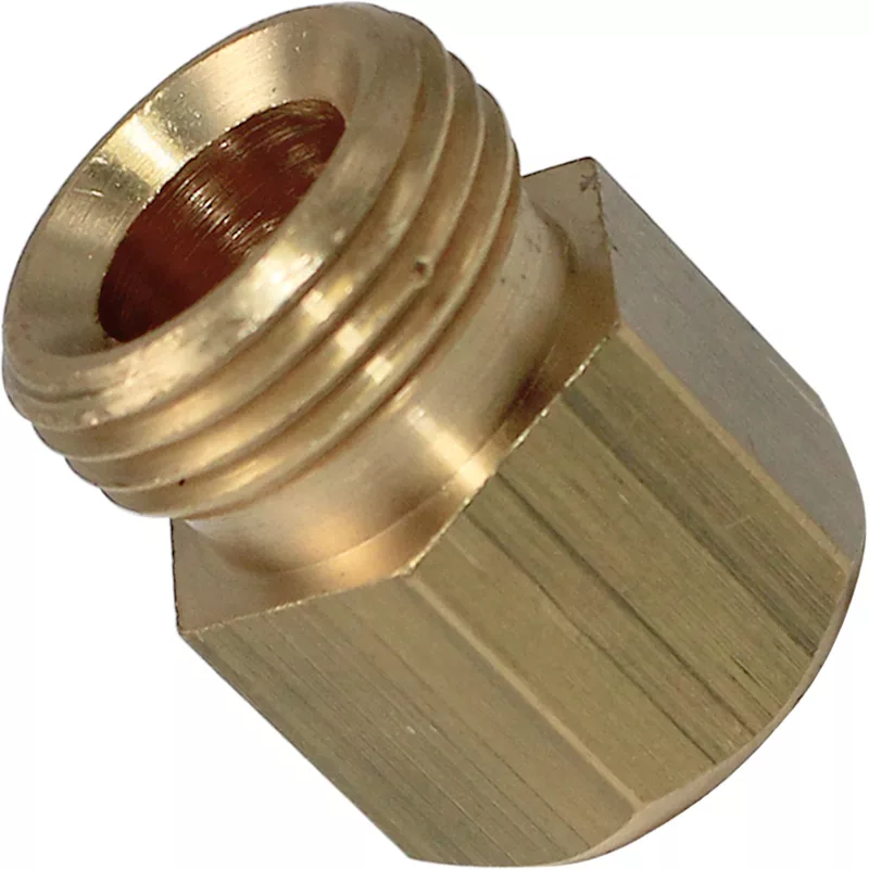 A close-up of the Elektra 00751014 Nut, a hexagonal brass threaded fitting used for plumbing or gas connections, displayed on a white background. © 2025 1st-line.com