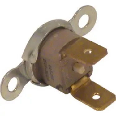 A close-up of the Elektra 01194035 Safety Thermostat, a round metal-encased switch with two flat brass terminals and mounting holes on its flange, widely used in appliances for reliable temperature control. © 2025 1st-line.com