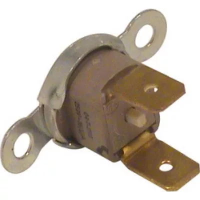 A close-up of the Elektra 01194035 Safety Thermostat, a round metal-encased switch with two flat brass terminals and mounting holes on its flange, widely used in appliances for reliable temperature control. © 2025 1st-line.com