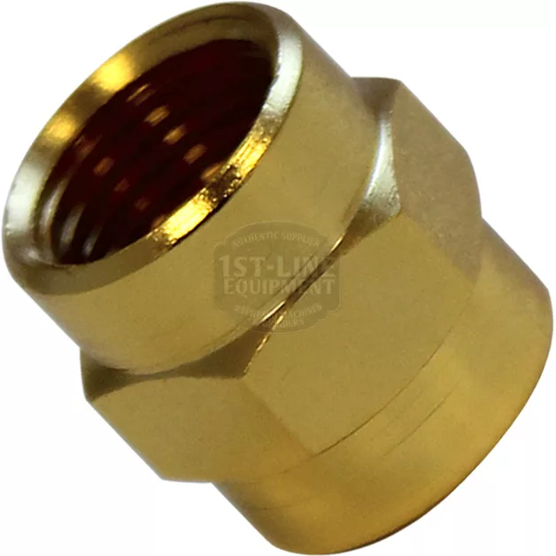 A close-up of the Elektra 01249026 Nut, a brass hexagonal nut with internal threading, commonly used to join pipes or fittings. © 2025 1st-line.com