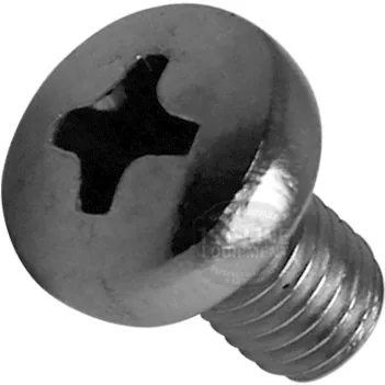 A close-up of the Elektra 01363035 Screw M5x8 - Inox shows its rounded head, threaded body, and angled view of the cross-shaped slot on top. © 2025 1st-line.com