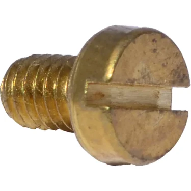 A close-up of the Elektra 01777035 Screw M 4x6, featuring a brass slotted round head and threaded body, displayed against a white background. © 2025 1st-line.com