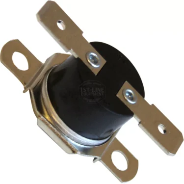 A close-up of the Elektra 03218035 Cup Heater Thermostat shows its black plastic body with three flat, silver mounting tabs featuring round holes for screw or connection placement. © 2025 1st-line.com