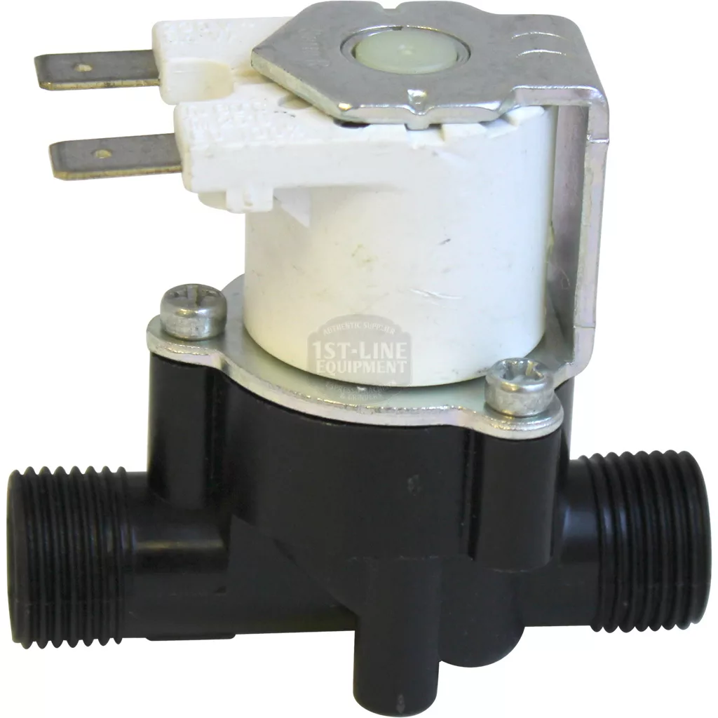 A close-up of the Elektra 03392035 Regeneration Solenoid Valve - Kappa, showing its white top, metal bracket, two electrical prongs, and black plastic base with threaded inlet and outlet ports. © 2025 1st-line.com