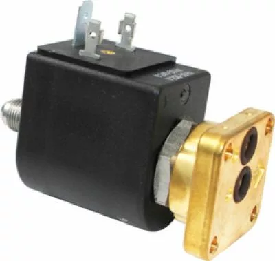 A close-up of the Fiorenzato A1900003 3-Way Solenoid Valve 220/240 50/60 shows a black rectangular coil housing, metal electrical terminals on top, and a brass mounting plate with two side holes. © 2025 1st-line.com