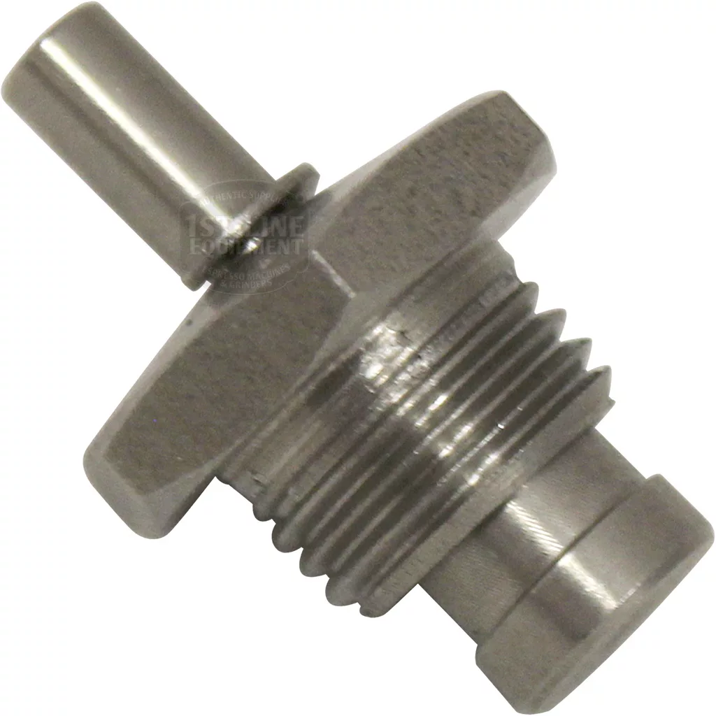 A close-up of the Lelit 9700015 1/4 Bleeder / Vacuum Breaker Valve, featuring a metal threaded body, cylindrical pin, and hexagonal flange, designed for mechanical or automotive use. © 2025 1st-line.com