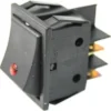 A close-up of the Lelit MC020 Bipolar LED Switch: black, rectangular, with a red indicator and three metal prongs, ideal as a replacement switch for Lelit machines. © 2025 1st-line.com
