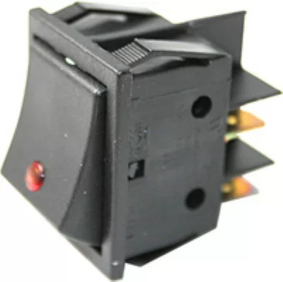 A close-up of the Lelit MC020 Bipolar LED Switch: black, rectangular, with a red indicator and three metal prongs, ideal as a replacement switch for Lelit machines. © 2025 1st-line.com