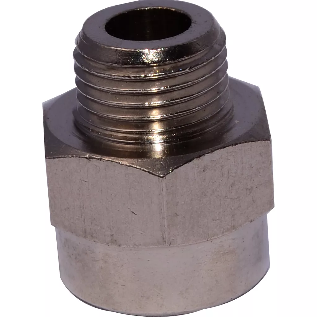 A close-up of the metallic Pasquini T-2 Fitting - Livietta, featuring a hexagonal body with external top threads and a smooth cylindrical base, designed for compatibility with Livietta espresso machines. © 2025 1st-line.com