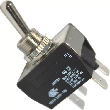 A close-up of the VBM ELETINTLEVMET Metal Lever Power Switch shows its lever, multiple prongs, and a black casing labeled with electrical specs and certifications. © 2025 1st-line.com