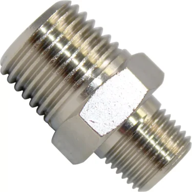 A close-up of the VBM RACCELETDOMSU 1/8Mx1/4M Solenoid Valve Reduction, featuring threaded ends and a hexagonal center for wrench tightening, displayed against a plain white background. © 2025 1st-line.com