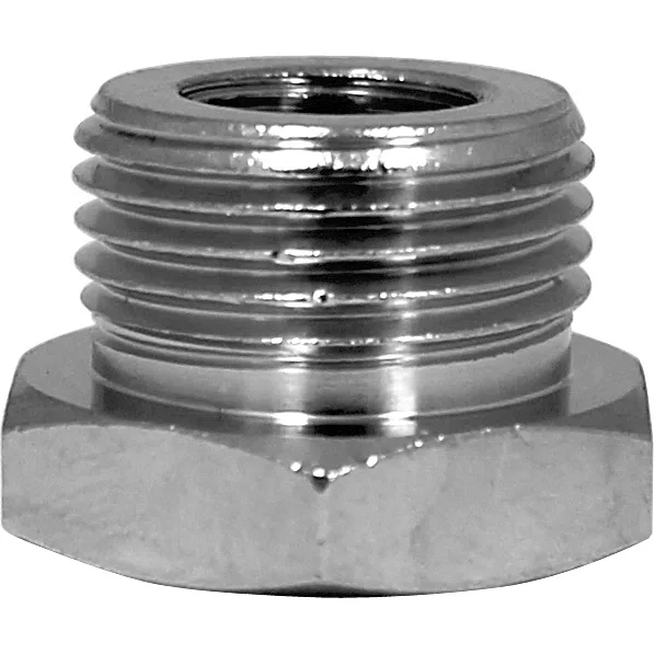 A close-up of the VBM RACCRIDMF449 Reduction Fitting, featuring external threads on the top half and a hexagonal base at the bottom, designed for connecting pipes or fittings. © 2025 1st-line.com