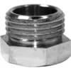 A close-up of the VBM RACCTAPRGO Grouphead Lever Cap, a shiny stainless steel hexagonal fitting with external threads, designed for connecting plumbing pipes. © 2025 1st-line.com