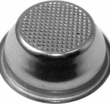 A close-up photo of a Ponte Vecchio F4201 45mm 1-Cup Filter Basket with a textured, dimpled top and smooth sides, resembling a metal thimble for protecting fingers while sewing. © 2025 1st-line.com