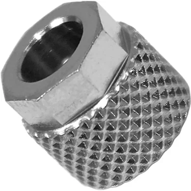 A close-up view of the Ascaso I..485 Steel Fixation Nut from Pump to Hose, featuring a textured grip and hexagonal top for easy, tool-free tightening or loosening on threaded connections. © 2025 1st-line.com